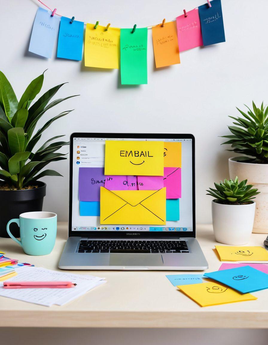 A bright and cheerful workspace featuring a laptop displaying a colorful email authentication graphic. Include vibrant decorations like sticky notes with joyful messages, a coffee cup with a smiley face, and a plant symbolizing growth and security. The overall mood should convey happiness and security in communication. super-realistic. vibrant colors. white background.