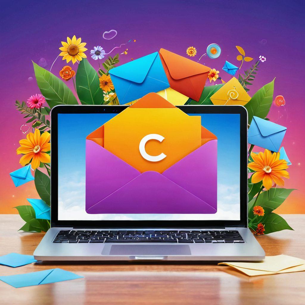 A cheerful email interface illuminated by sunlight, with colorful envelopes and glowing icons representing secure and happy email exchanges. Include visual elements like a lock symbol, vibrant clouds, and a smiling character using a laptop, surrounded by plants and flowers to symbolize positivity. The scene should convey a sense of security and joy in communication. super-realistic. vibrant colors. bright background.