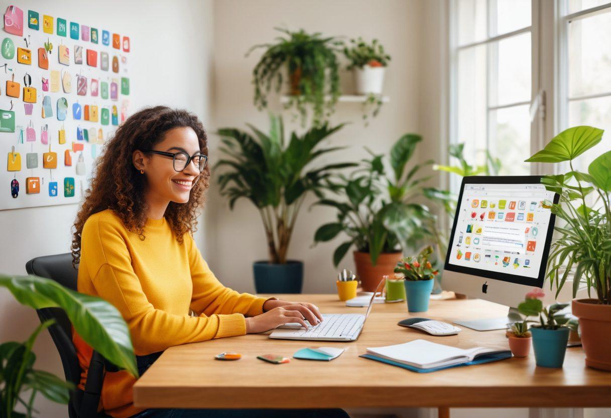 A cheerful person sitting at a desk with a computer, displaying an open email verification screen, surrounded by colorful icons representing trust and security like locks and checkmarks. The room is bright and inviting, filled with plants and motivational posters emphasizing safety and positivity. The scene conveys a sense of mastery and confidence in email communication. vibrant colors. super-realistic. cozy atmosphere.